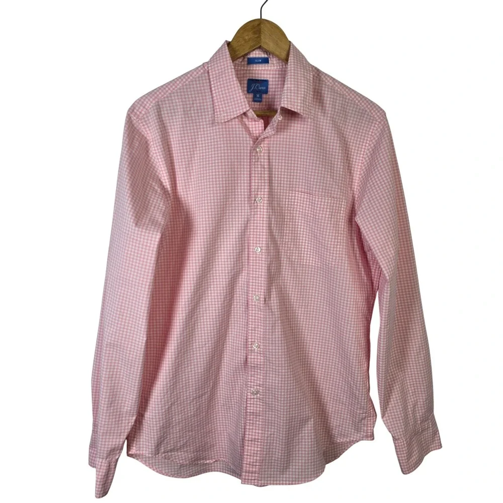 J. Crew Mens Slim Fit Pink Gingham Stretch Button Down Shirt Size M